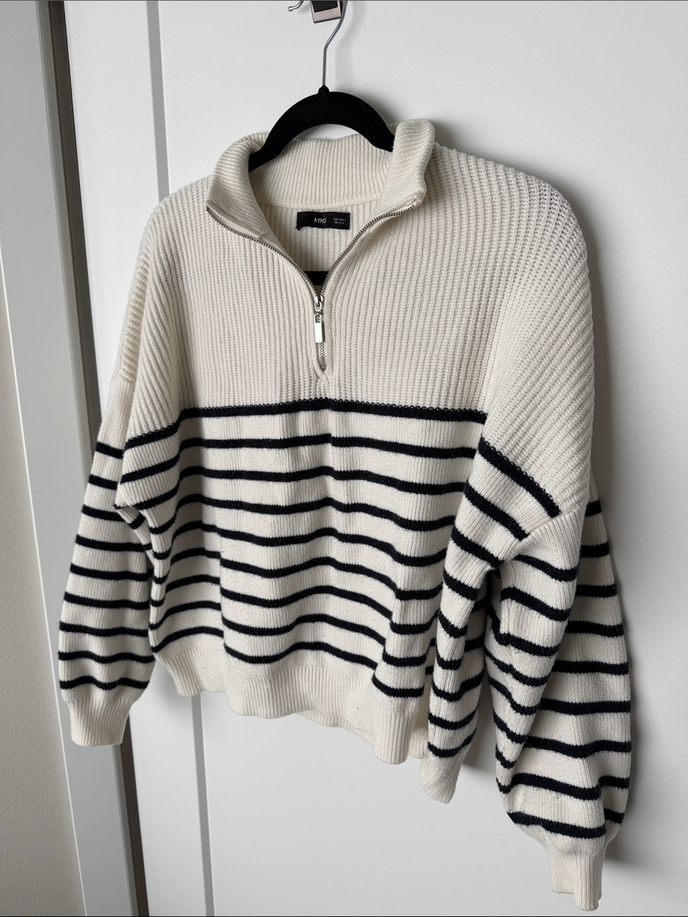 Mango Cream and Black Striped Half-Zip Sweater